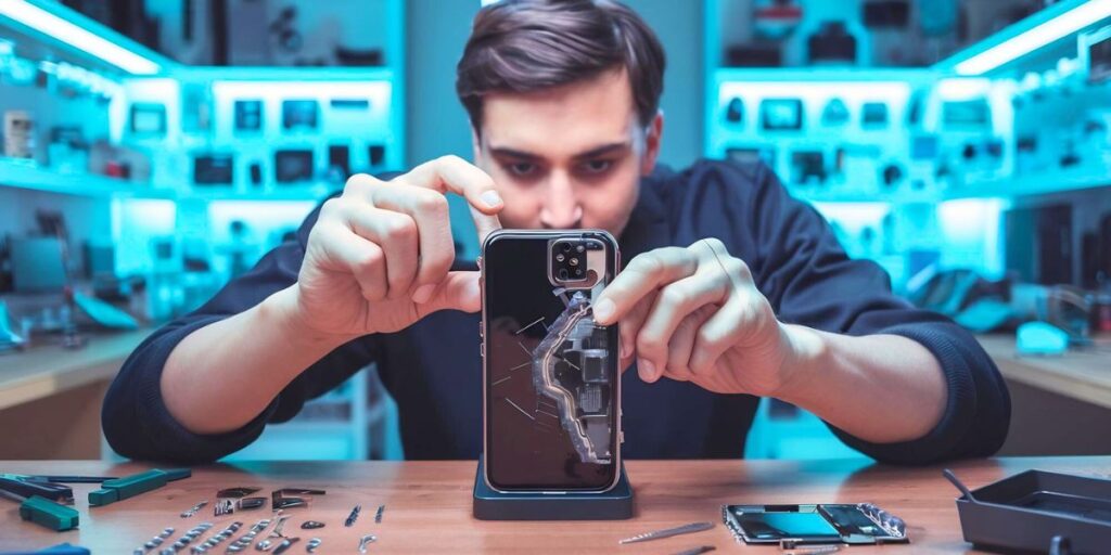 A person repairing a smartphone on a workbench surrounded by tools, with a close-up of the phone's internal components visible.
