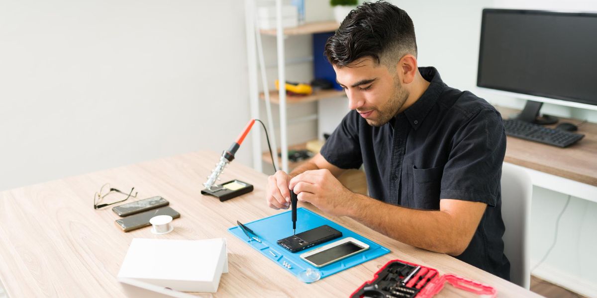 A technician repairs a smartphone on a workbench, using tools like a screwdriver and soldering iron, with spare parts nearby.