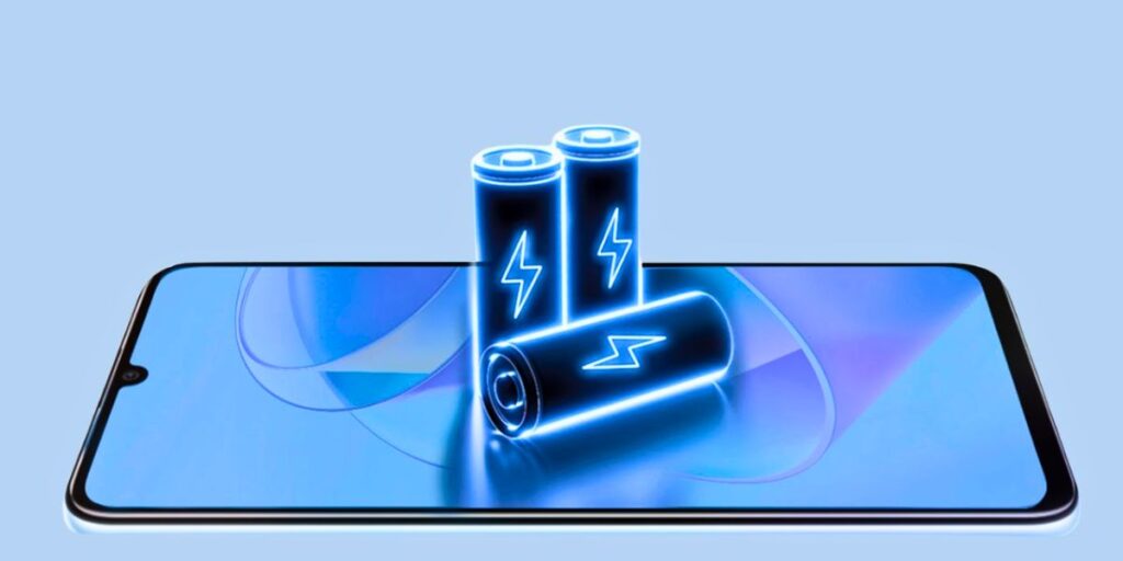 Three digital battery icons with glowing blue lightning bolts are displayed on a smartphone screen.