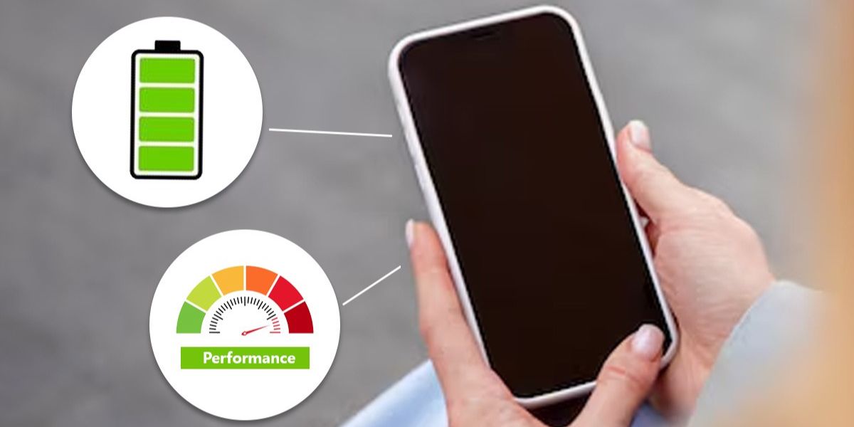 Hands holding a smartphone. Graphics for full battery life and performance are linked to it.