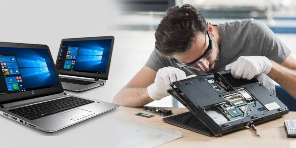 A collage showing two HP laptops next to a technician repairing the internal components of a different laptop