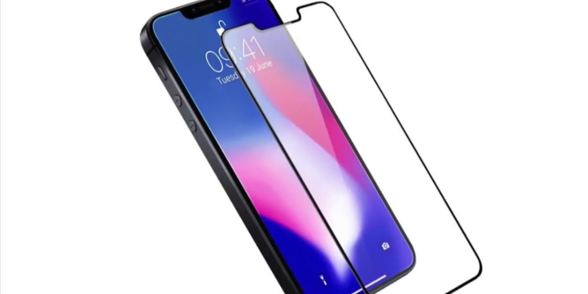 A smartphone with a glass screen protector peeled halfway off its display.