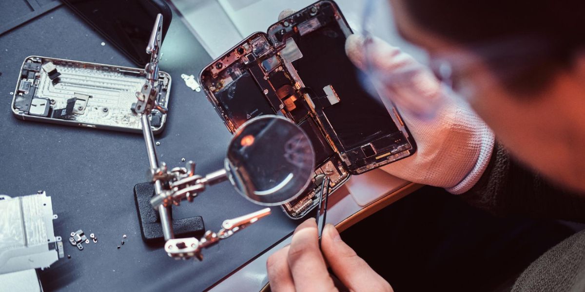 Man in a blue-lit workshop holds a cracked smartphone, focusing on the internal components