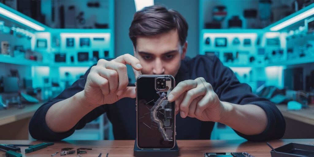 A repair technician with tools and a cracked smartphone, working under bright blue light