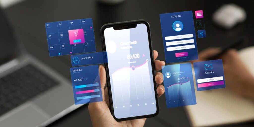 Hand holds a smartphone displaying various floating holographic user interfaces for apps and data