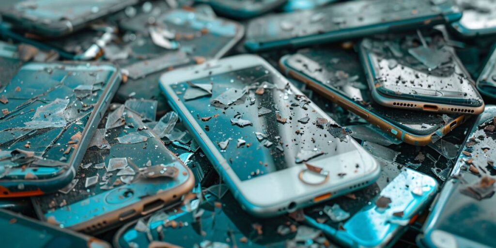 Pile of old, damaged smartphones with cracked screens in a box, ready for repair or recycling