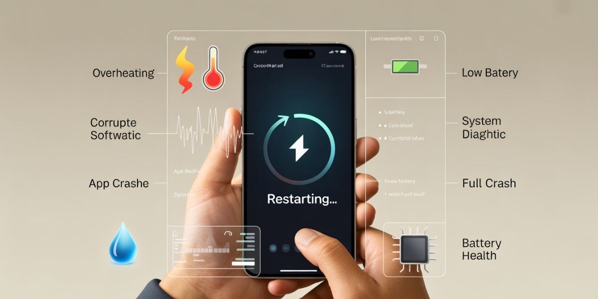 A person holding a phone restarting, surrounded by icons for overheating, low battery, and software issues