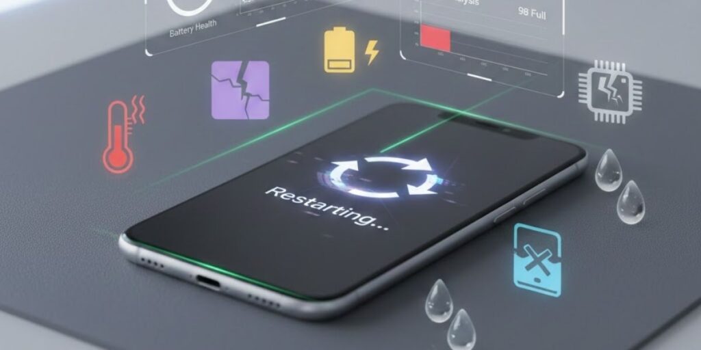 A smartphone on a grey surface displaying a restart screen surrounded by digital icons for battery, heat, and water