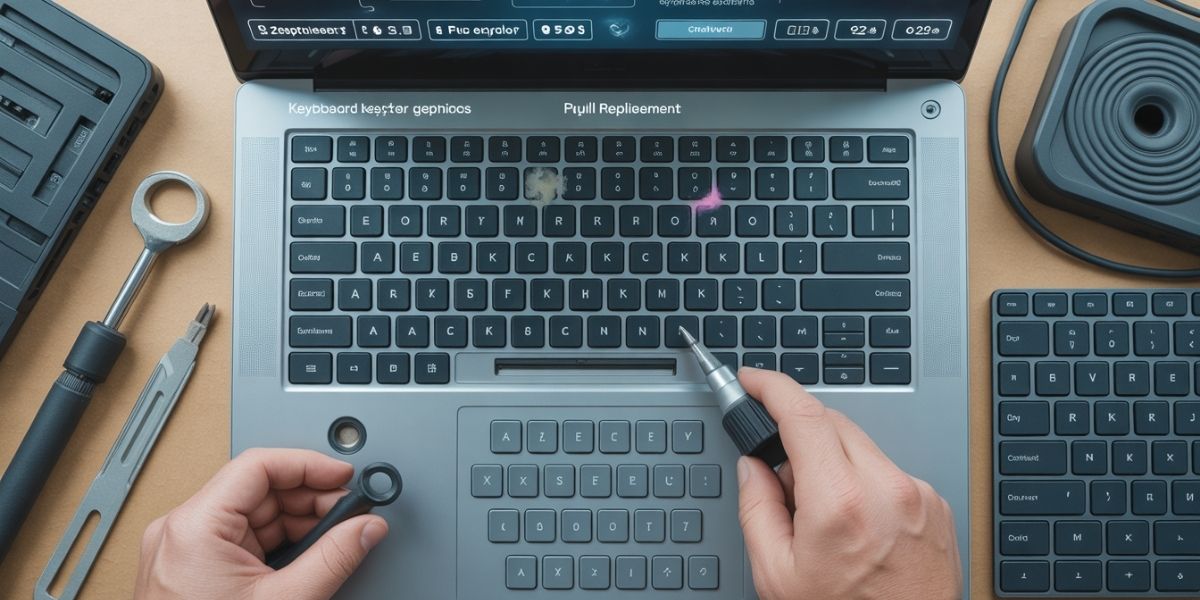 Top view of hands using repair tools on a laptop keyboard with stained keys, surrounded by various computer components