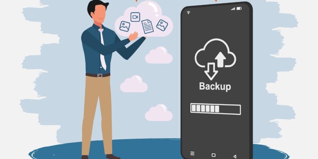 An illustration of a man standing next to a large smartphone showing a cloud backup icon and a loading progress bar