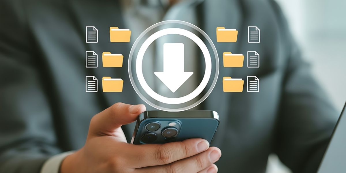A person holds a phone with a digital backup overlay featuring a download arrow, folder icons, and document symbols